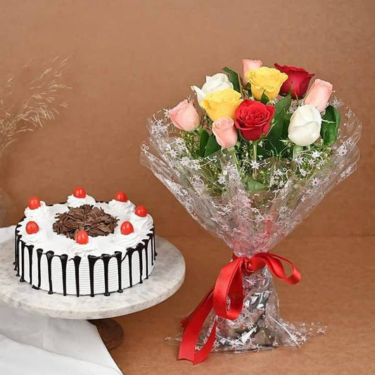 10 Mix Roses and Half Kg Cake - YuvaFlowers