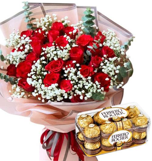 30 Red Roses With Rocher - YuvaFlowers