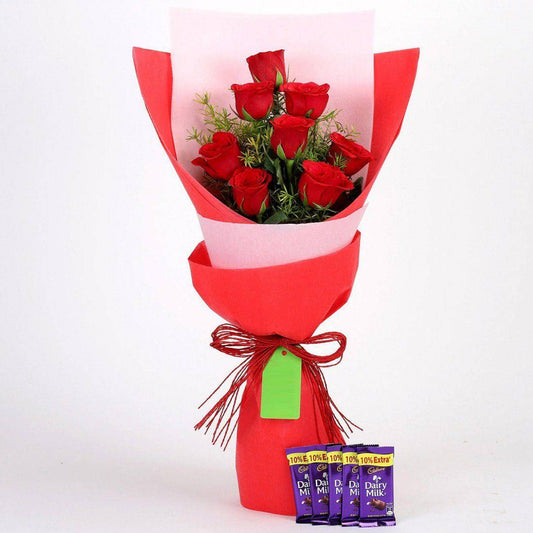 8 Red Roses With Dairy Milk Combo - YuvaFlowers