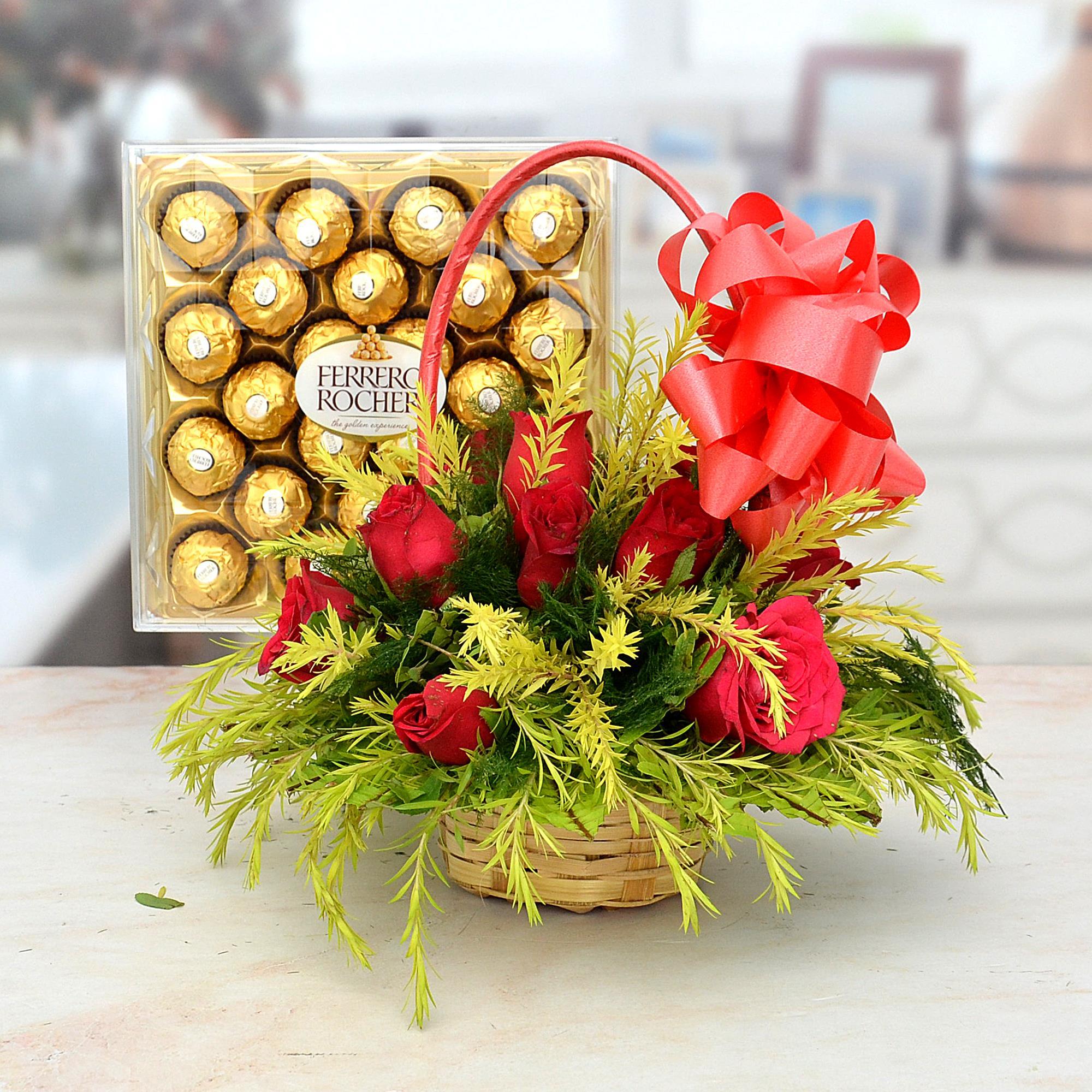 12 Roses Basket with Rocher 