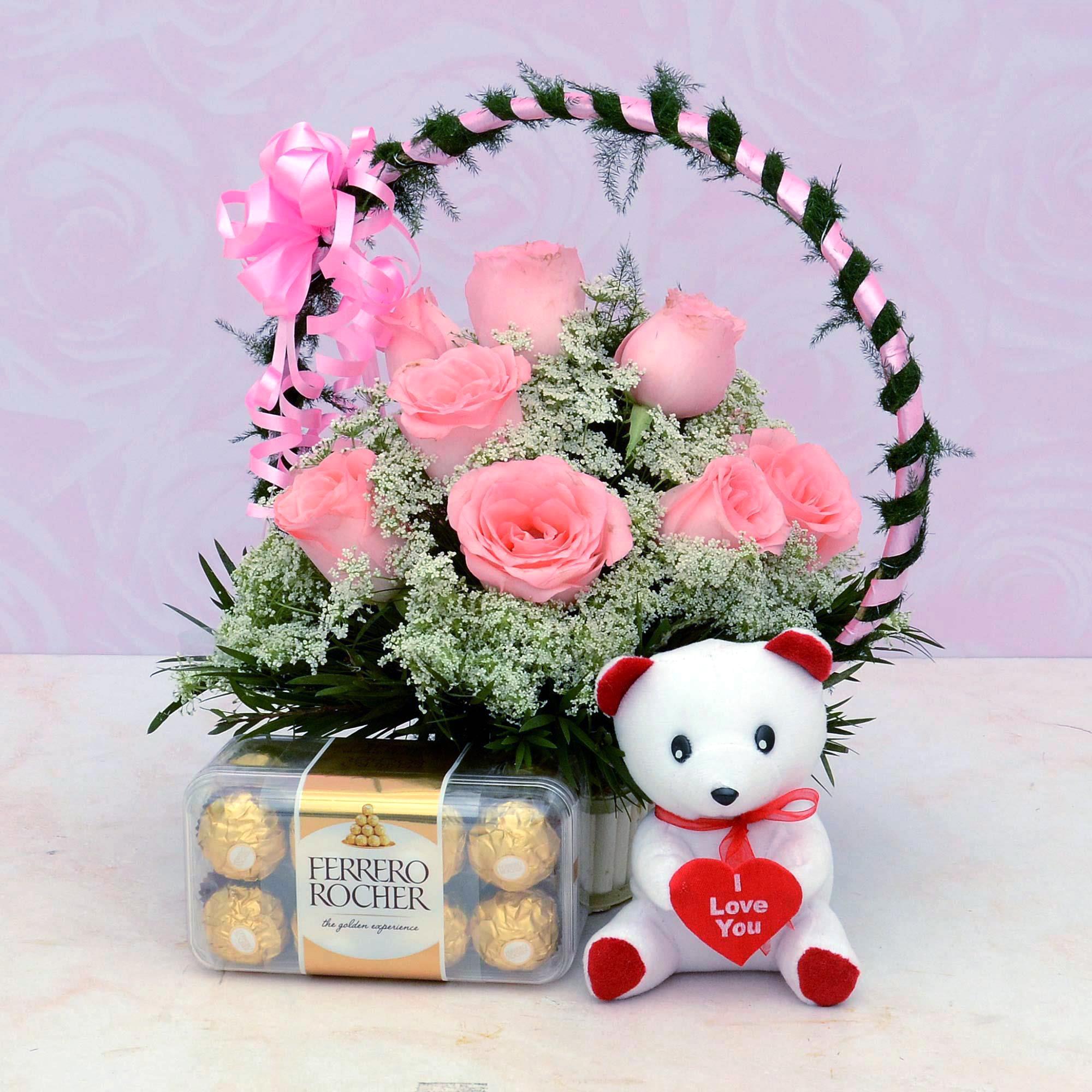 Rose Basket, Chocolate & Teddy