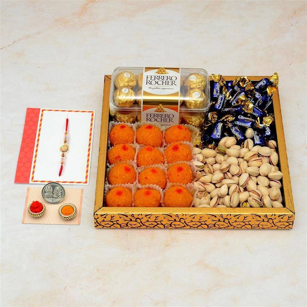 Almonds Kaju Barfi Mixed Chocolates Rakhi Basket - YuvaFlowers