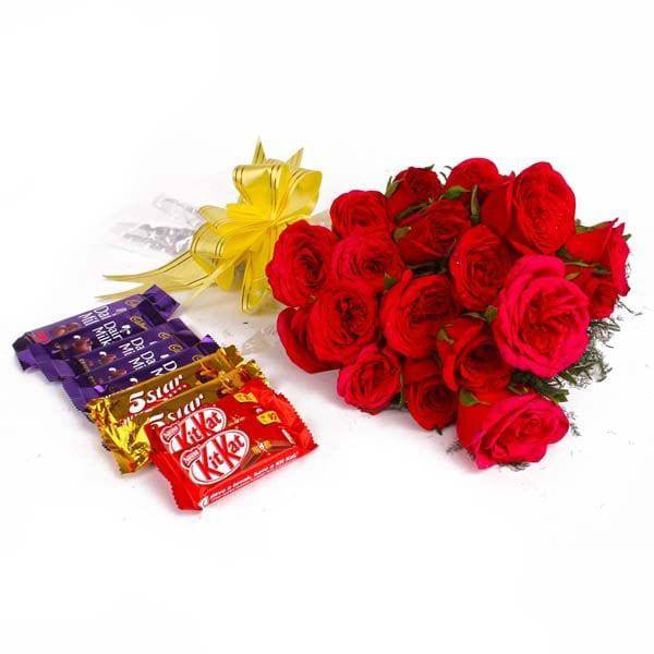 Bouquet of 20 Red Roses and Assorted Cadbury Chocolate Bars - YuvaFlowers