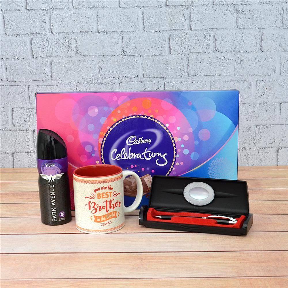 Celebration, Mug, Pen & Park Avenue Storm Body Spray Hamper - YuvaFlowers