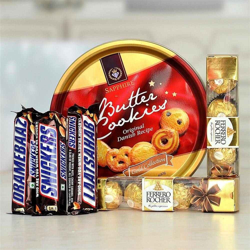 Cookieso, Snickers with Ferrero Rocher Chocolates Hamper - YuvaFlowers