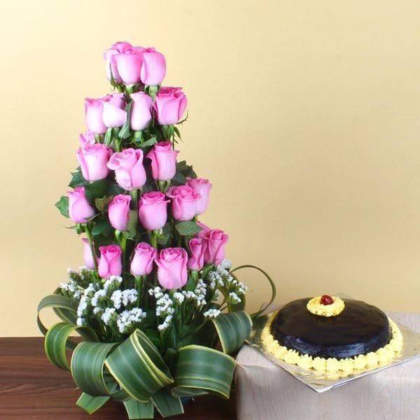 Exotic Pink Roses Arrangement and Chocolate Cake - YuvaFlowers