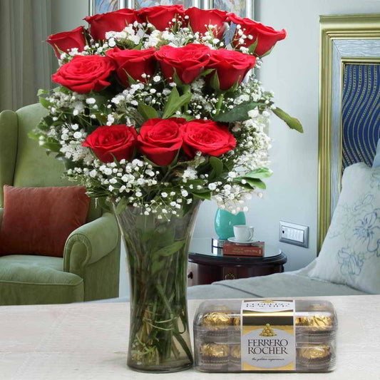 FERRERO ROCHER CHOCOLATE  AND RED ROSES ARRANGEMENT - YuvaFlowers