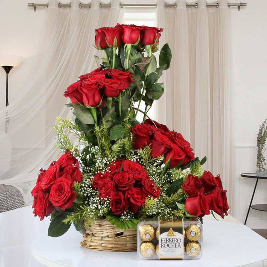 FERRERO ROCHER CHOCOLATE WITH DESIGNER RED ROSES IN BASKET - YuvaFlowers