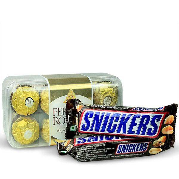 FERRERO ROCHER & SNICKERS HAMPER - YuvaFlowers