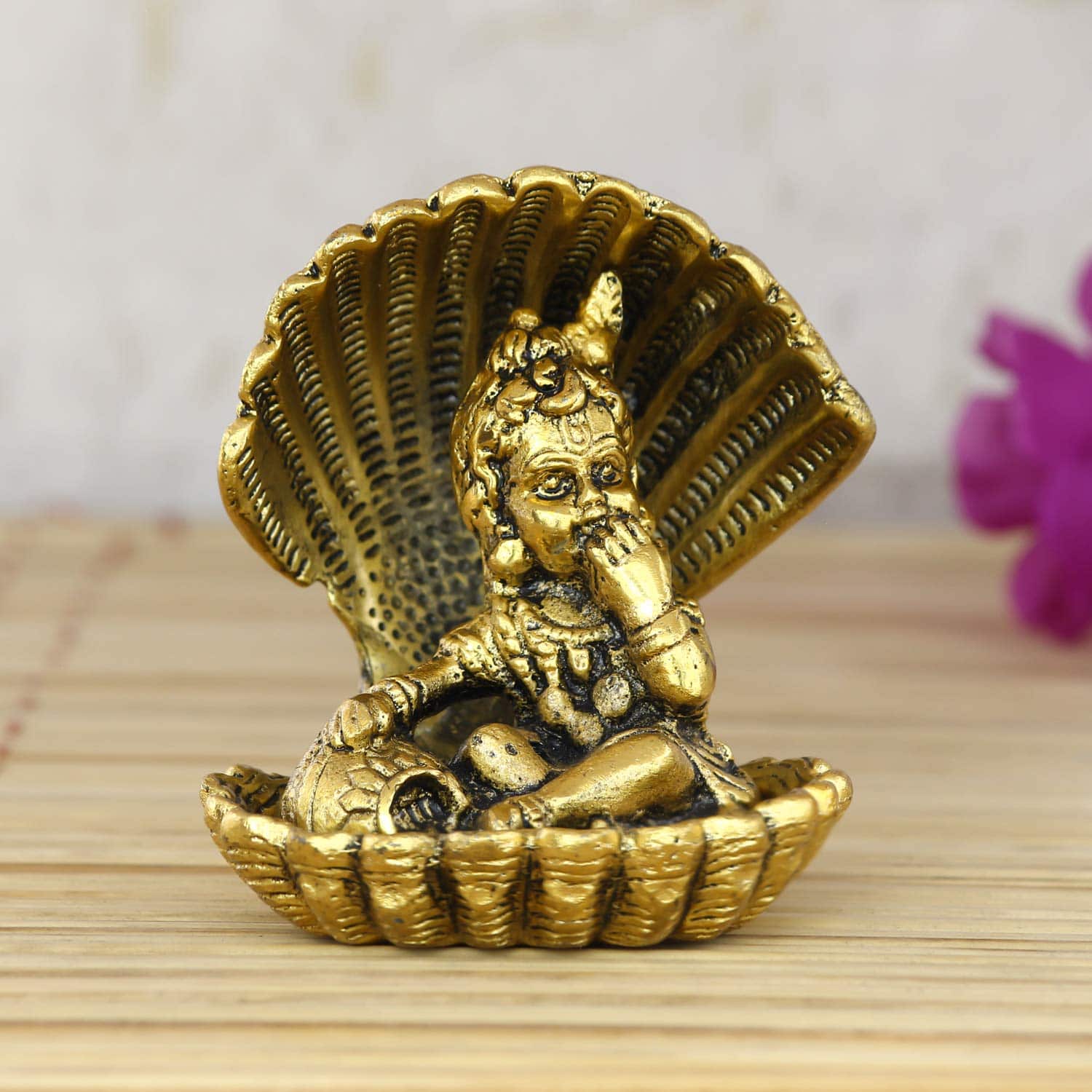 Golden Bal Gopal Krishna Having Makhan' Decorative Showpiece (Metal, 8 cm x 9 cm, Golden, AGK507) - YuvaFlowers