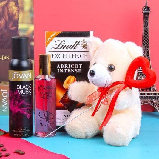 Lindt Chocolates Teddy Bear with Jovan Black Musk Perfume and Deodorant for Women - YuvaFlowers