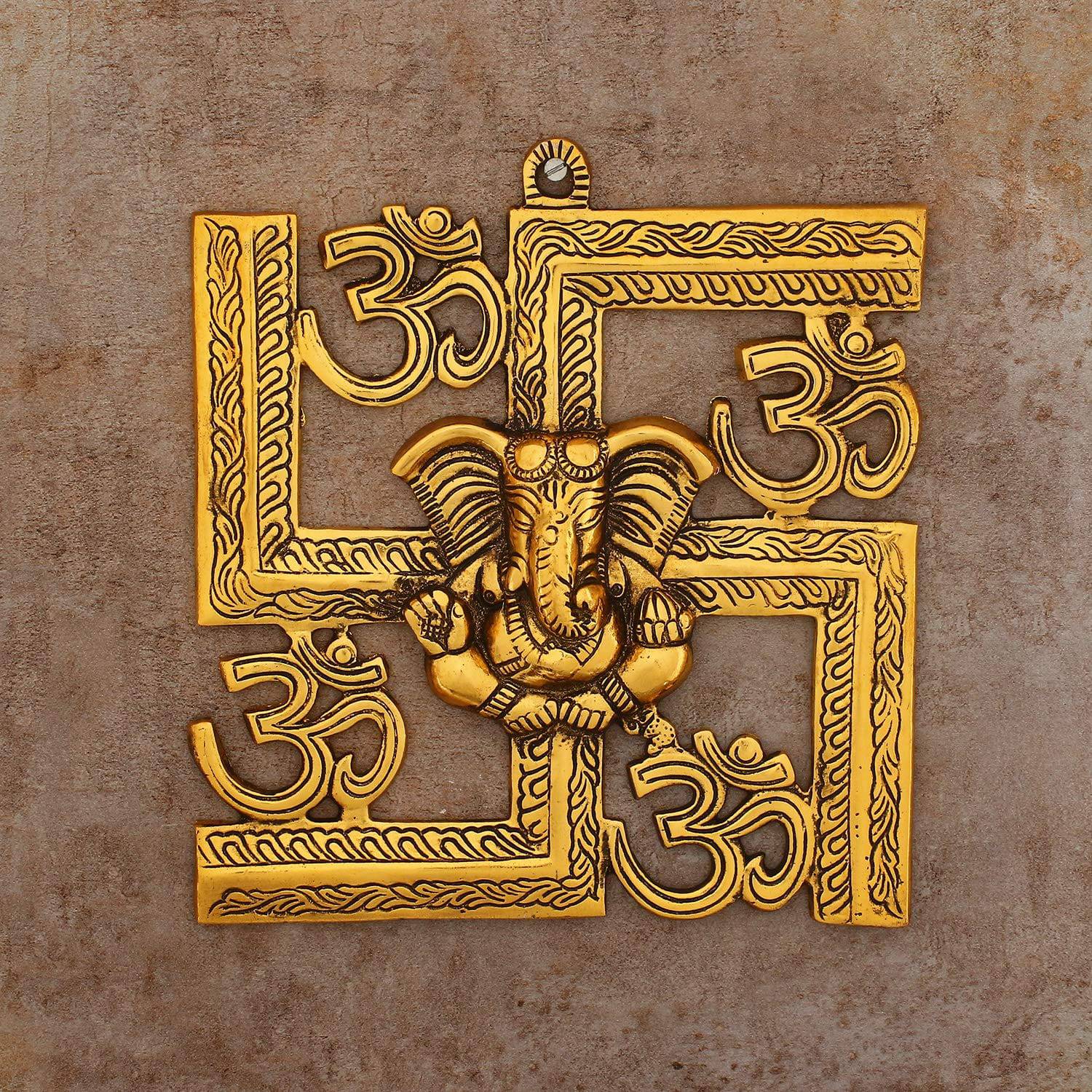 Lord Ganesha on Om Swastik Metal Golden Wall Hanging - YuvaFlowers