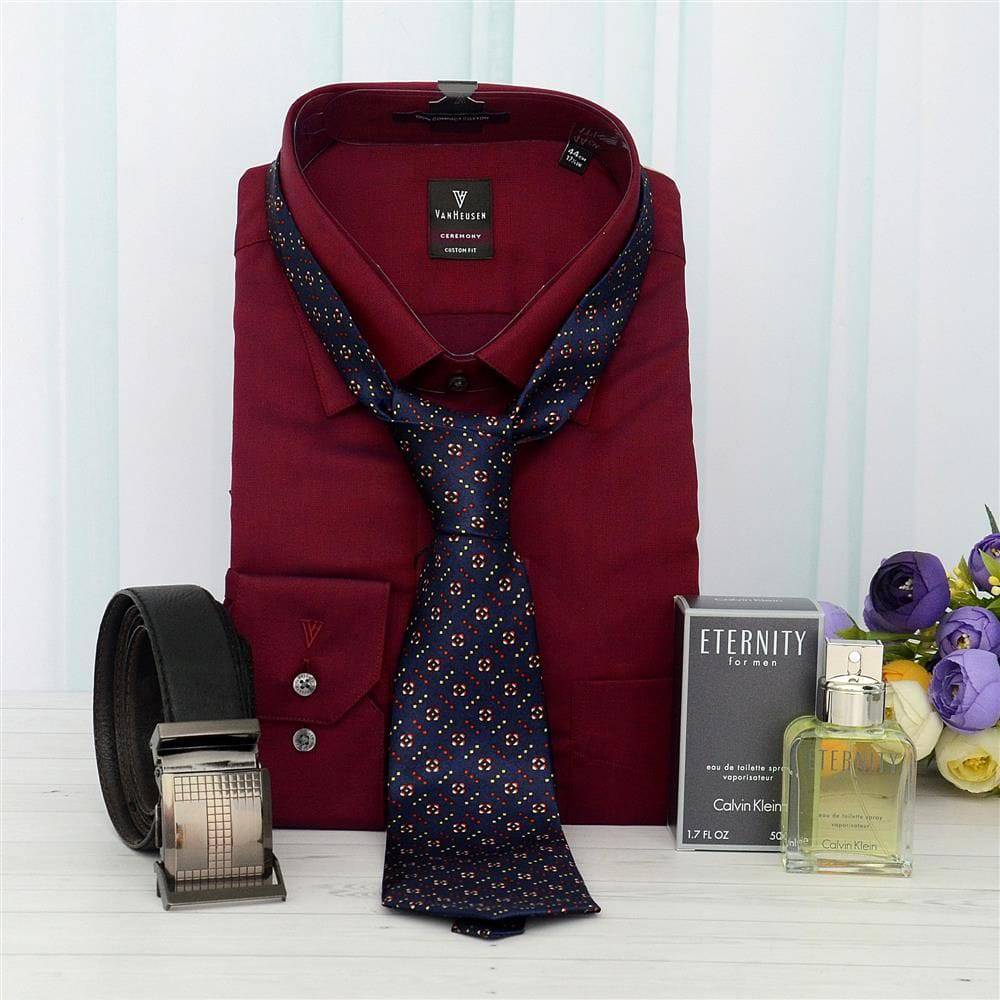 Maroon Formal Shirt, Black Belt with Blue Tie & Perfume - YuvaFlowers