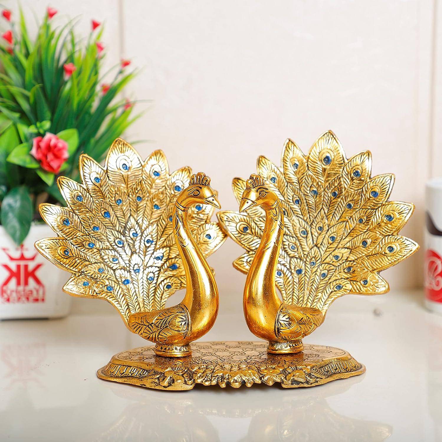 Metal Double Lovers Peacock Statue, Showpiece Figurine- Standard, Gold - YuvaFlowers