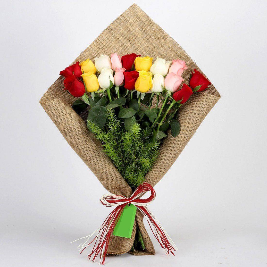 Mix Roses Bouquet In Jute Wrapping - YuvaFlowers