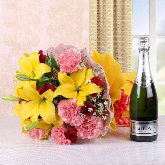 MIX SEASONAL FLOWERS BOUQUET WITH WINE BOTTLE - YuvaFlowers