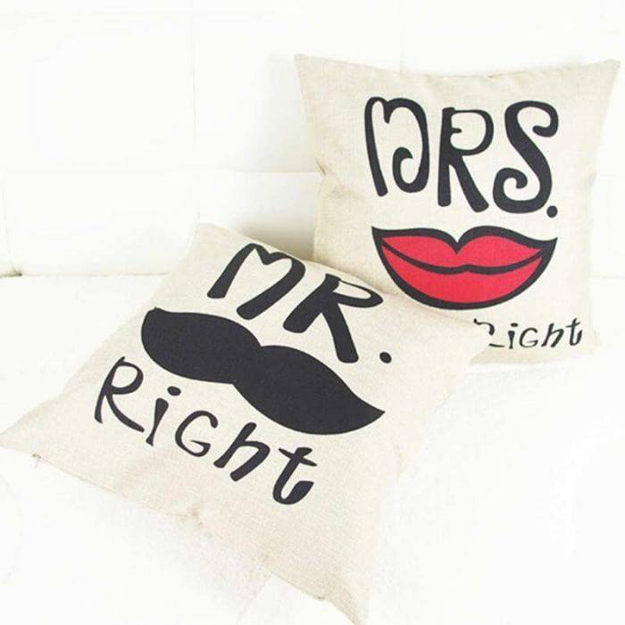 Mr Right Moustache And Mrs Always Right Red Lips Couple Cushions - YuvaFlowers
