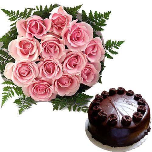 Pink Roses With Chocolate Cake - YuvaFlowers