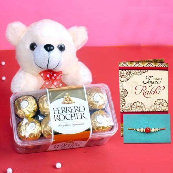 Rakhi Teddy with Ferrero Rocher Chocolate - YuvaFlowers
