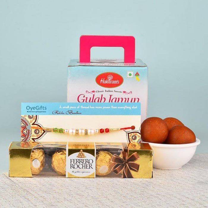 Rasgulla with Ferrero rocher Rakhi Hamper - YuvaFlowers