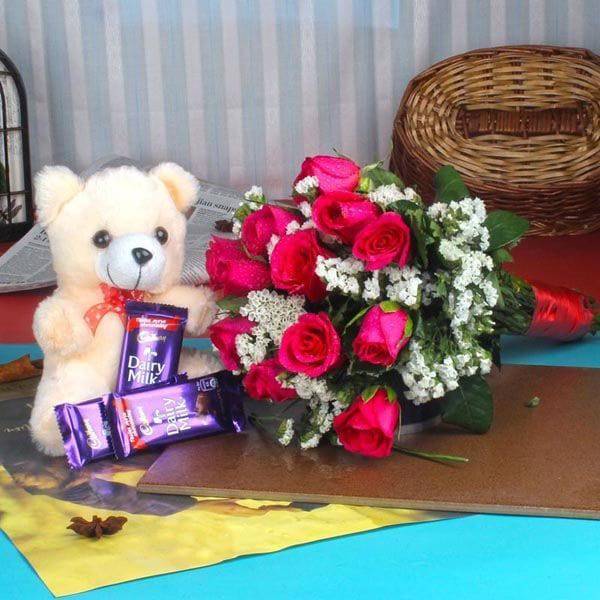 Red Roses with Teddy Bear and Chocolate - YuvaFlowers