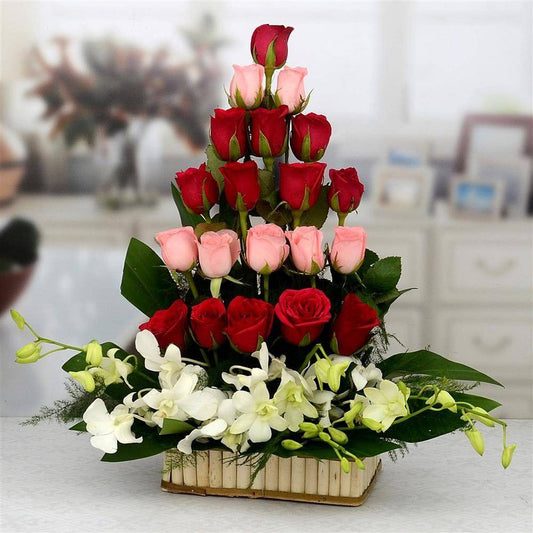 Roses and Orchid Flower Basket - YuvaFlowers