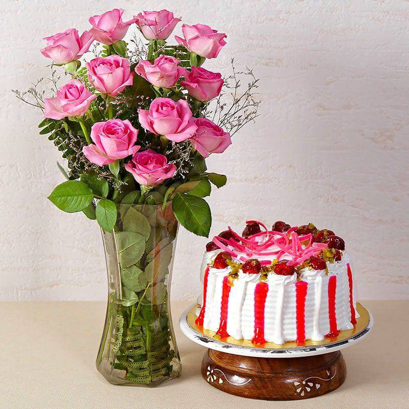 Strawberry Cake With Dozen Pink Roses In A Glass Vase - YuvaFlowers