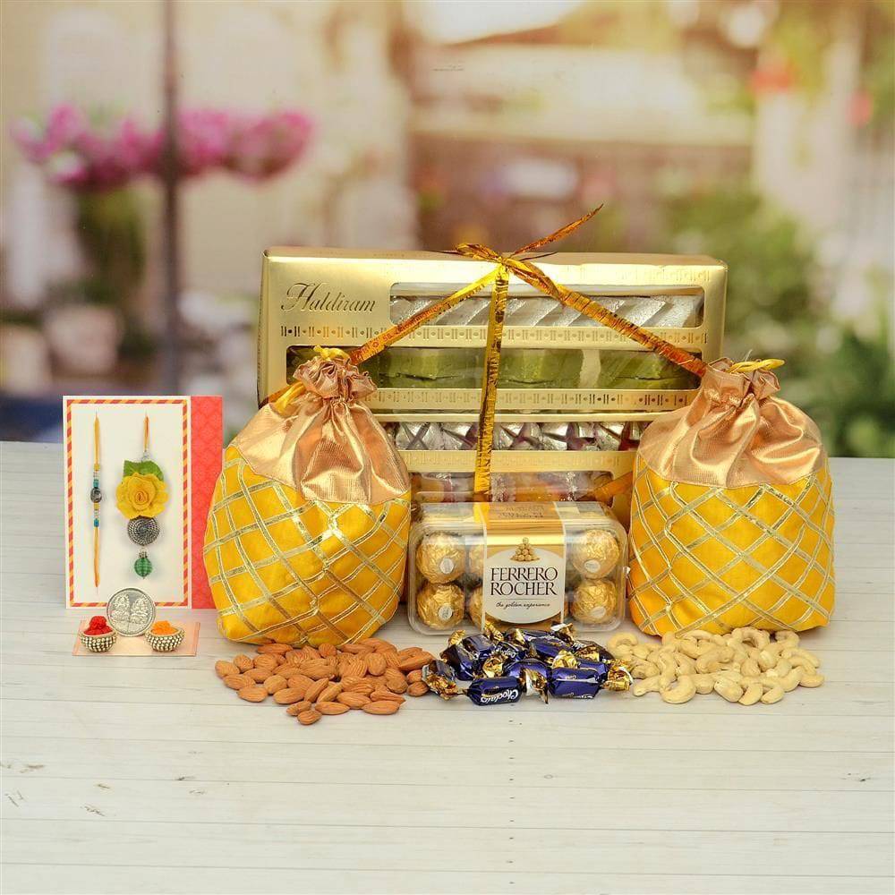 Triple Sweet Choco Dry fruits Hamper With Rakhi - YuvaFlowers